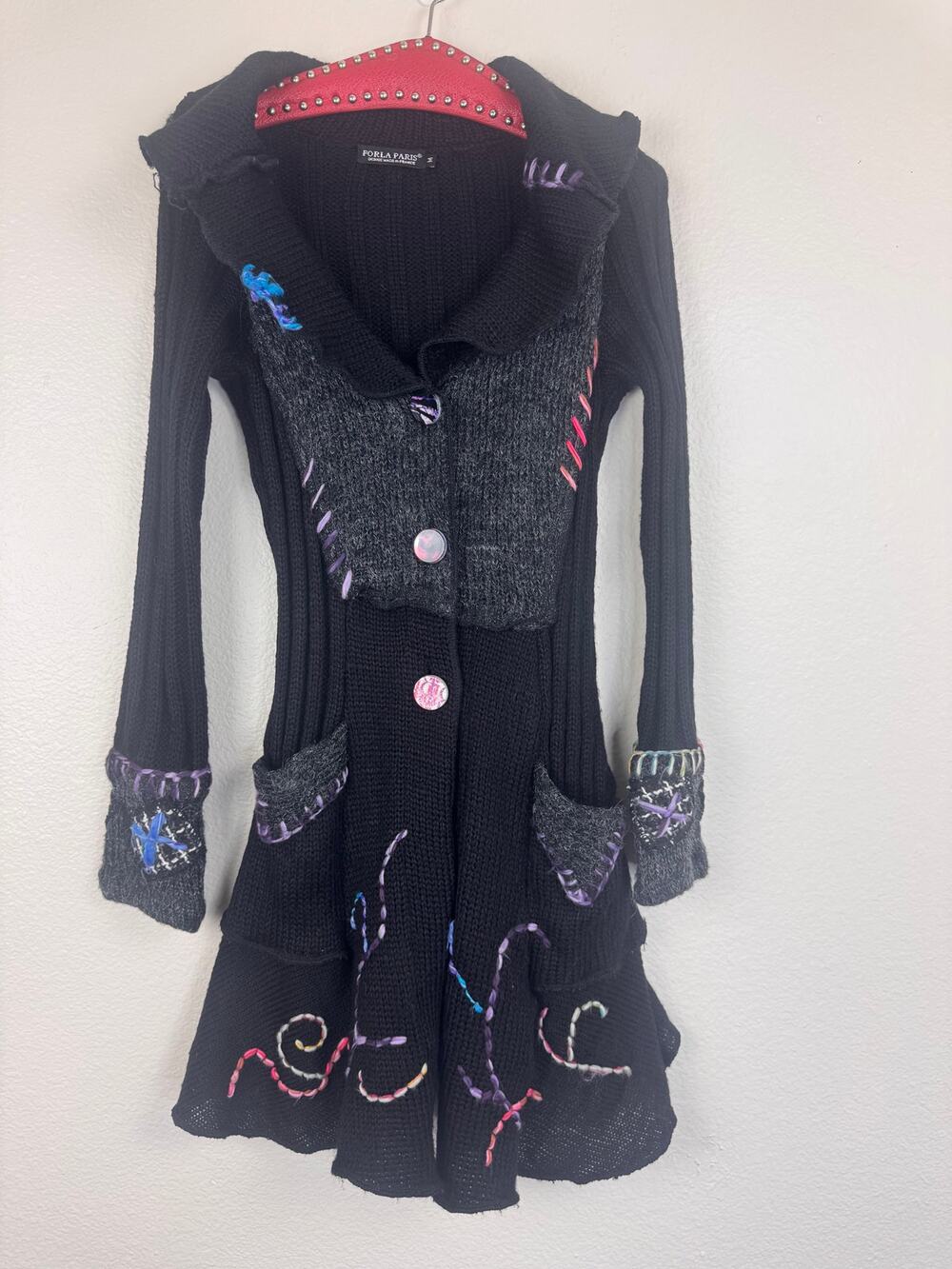 Forla Paris Wool Blend Boho Whimsigoth Renaissance Cardigan Black Multi Medium